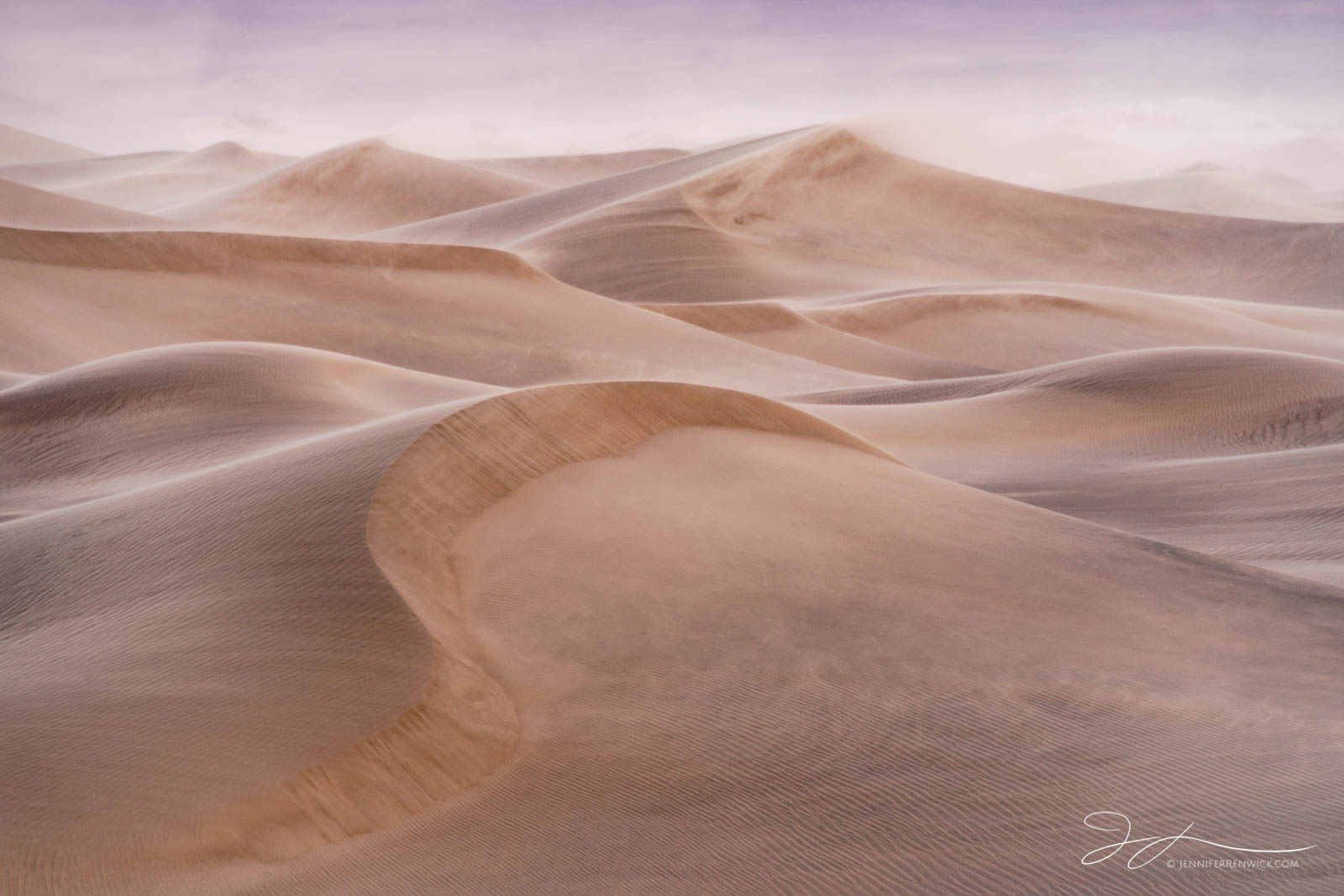 Sand dunes are a mysterious and mystical place to be during a windstorm. The blowing sand highlighted by light dances around...