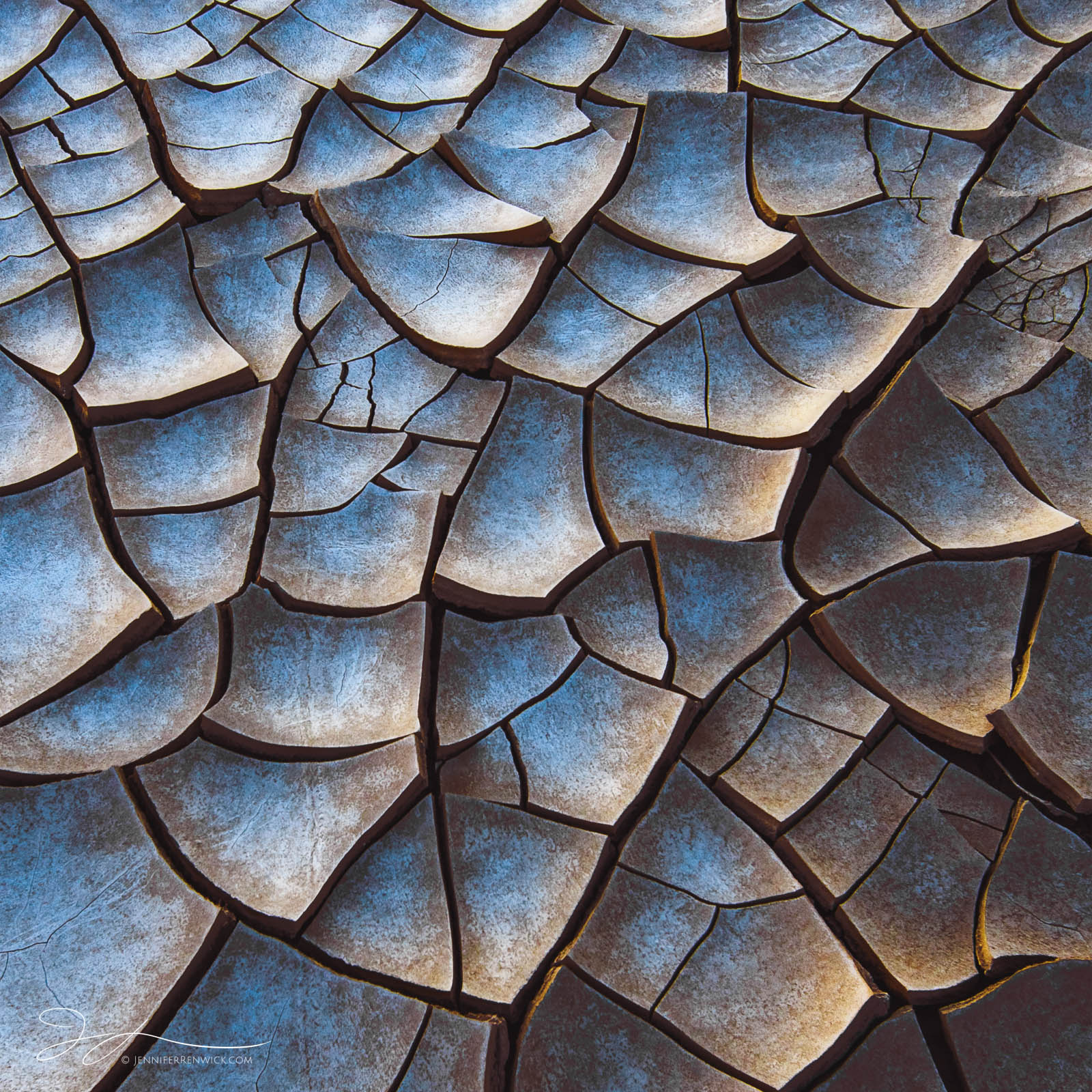 Dried mud tiles transform into colorful tones under a blue twilight sky in the desert.