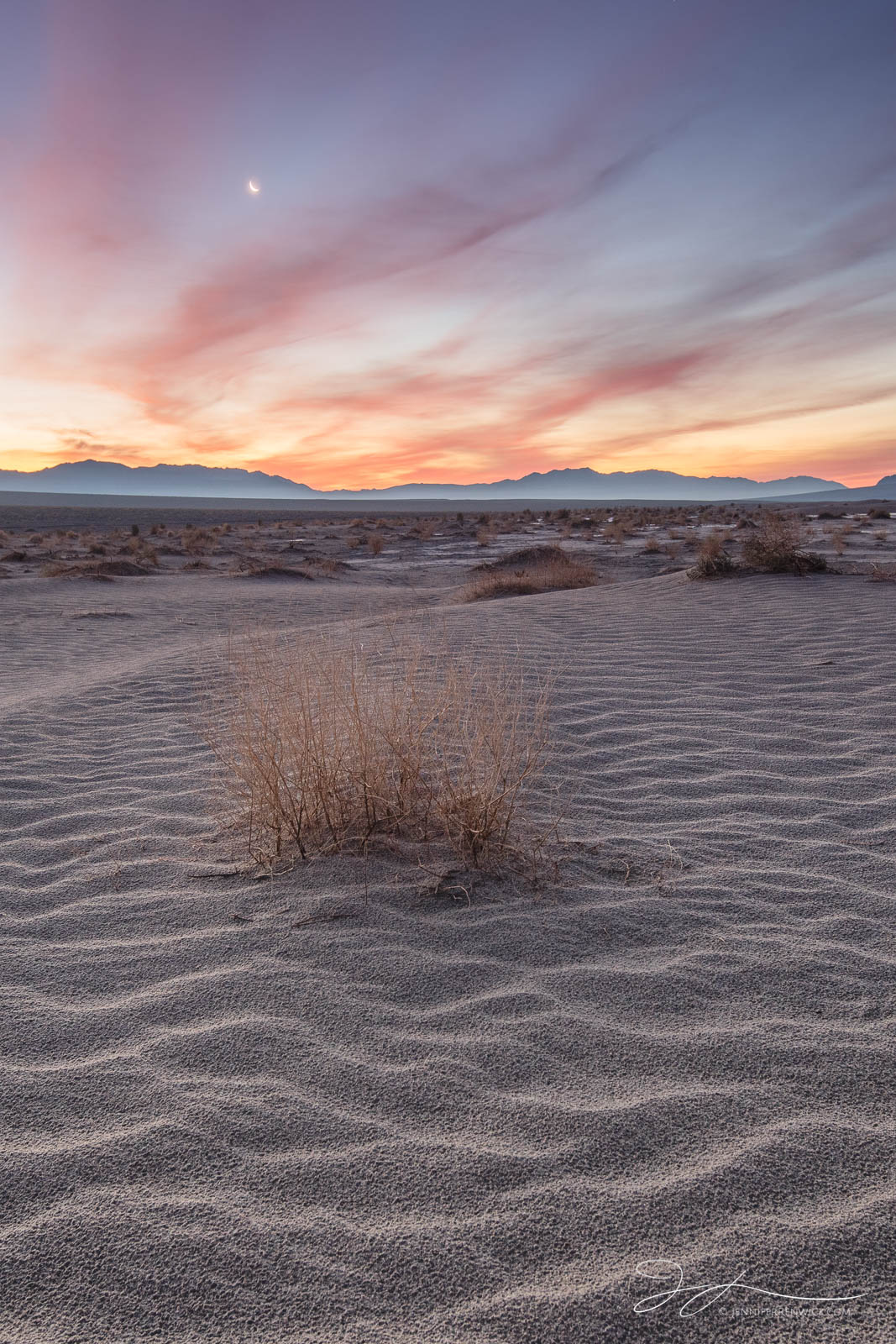 The moon rises over an early morning scene in Death Valley National Park.
