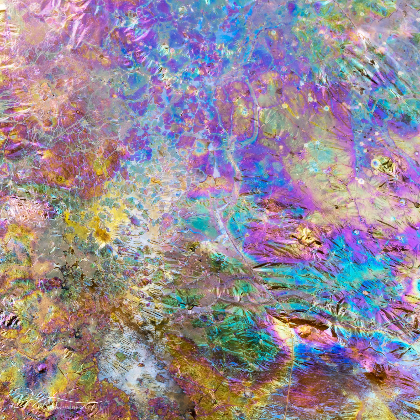 A colorful natural oil slick crinkles with movement creating a foiled look.