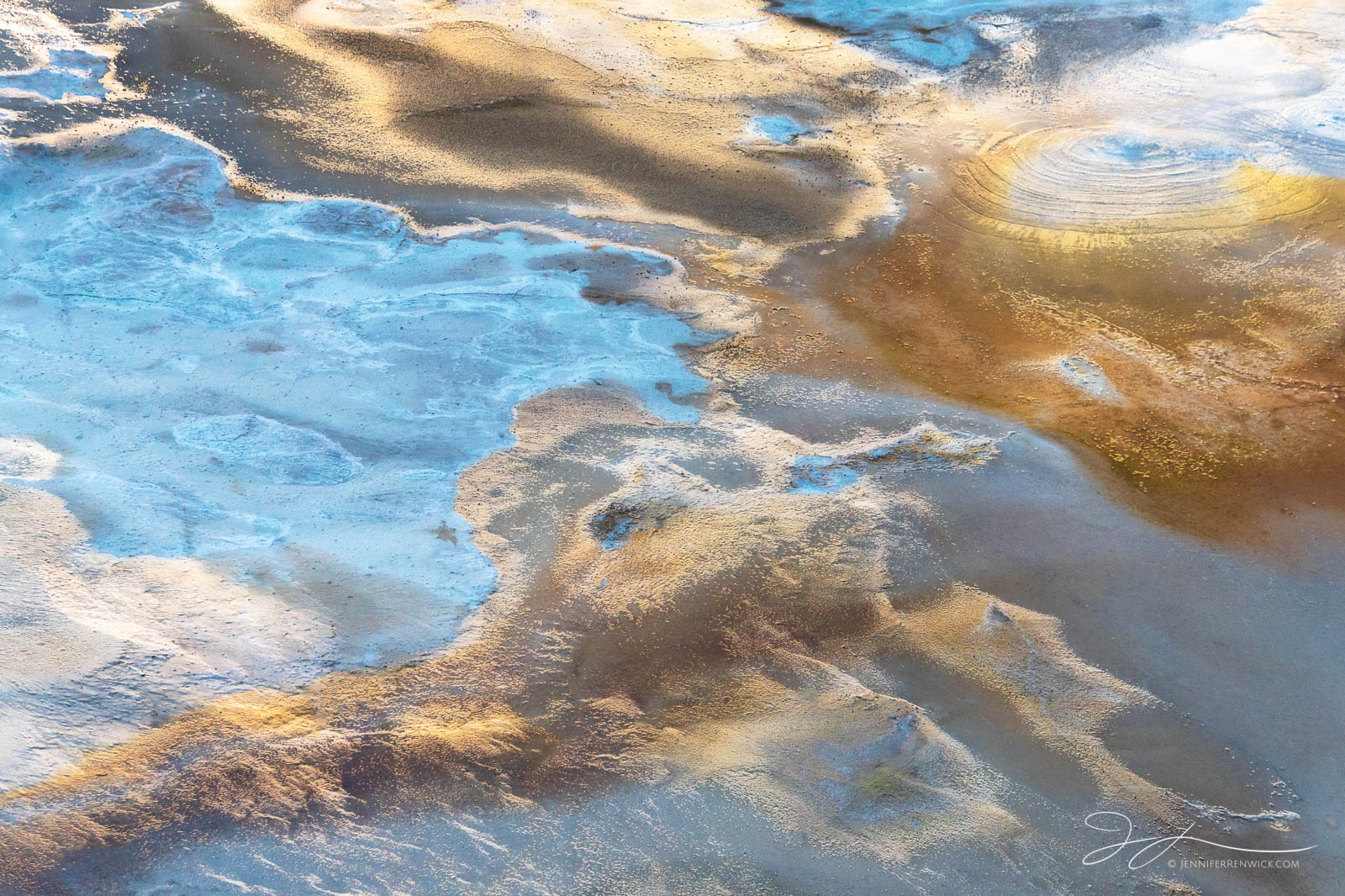 Blue and gold colors create a colorful scene in Porcelain Springs in Norris Geyser Basin.