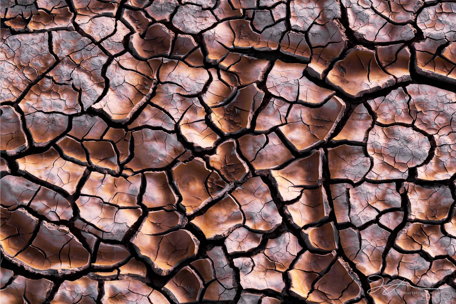 Small mud cracks within larger cracks create pathways through the dried mud on the desert floor.