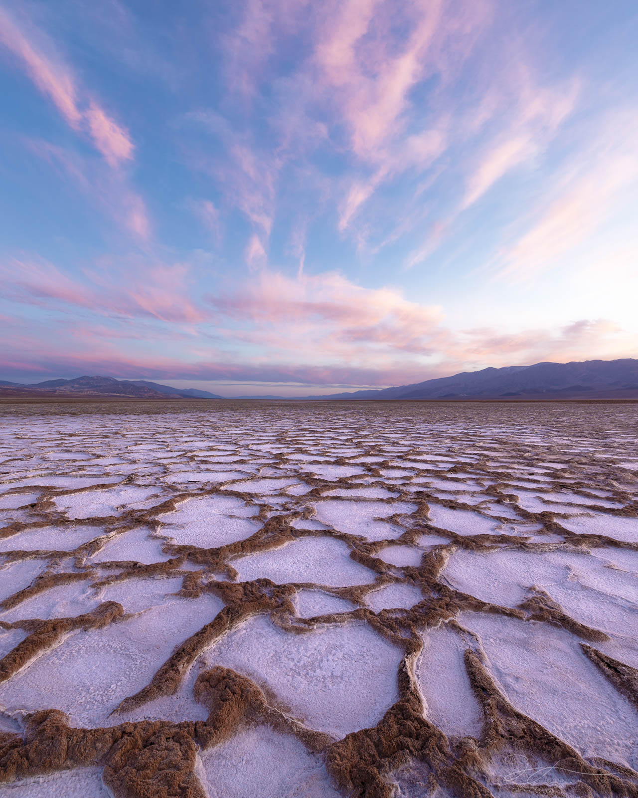 Pretty in Pink Salt circles take on a pink hue during sunset in Death Valley National Park.
