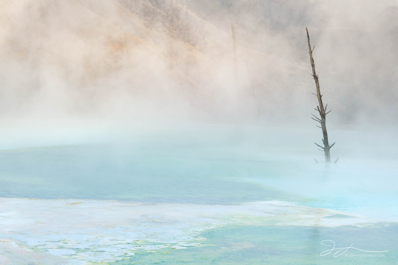 Warm light, steam, and blue thermal pools create a peaceful moment on the upper terraces of Mammoth Hot Springs.