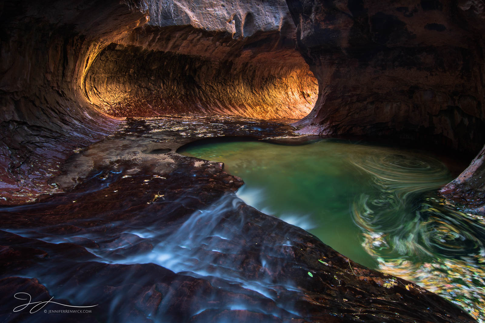 Leaves swirl in circles in a small pool while the walls glow with reflected light in the Subway in Zion National Park.