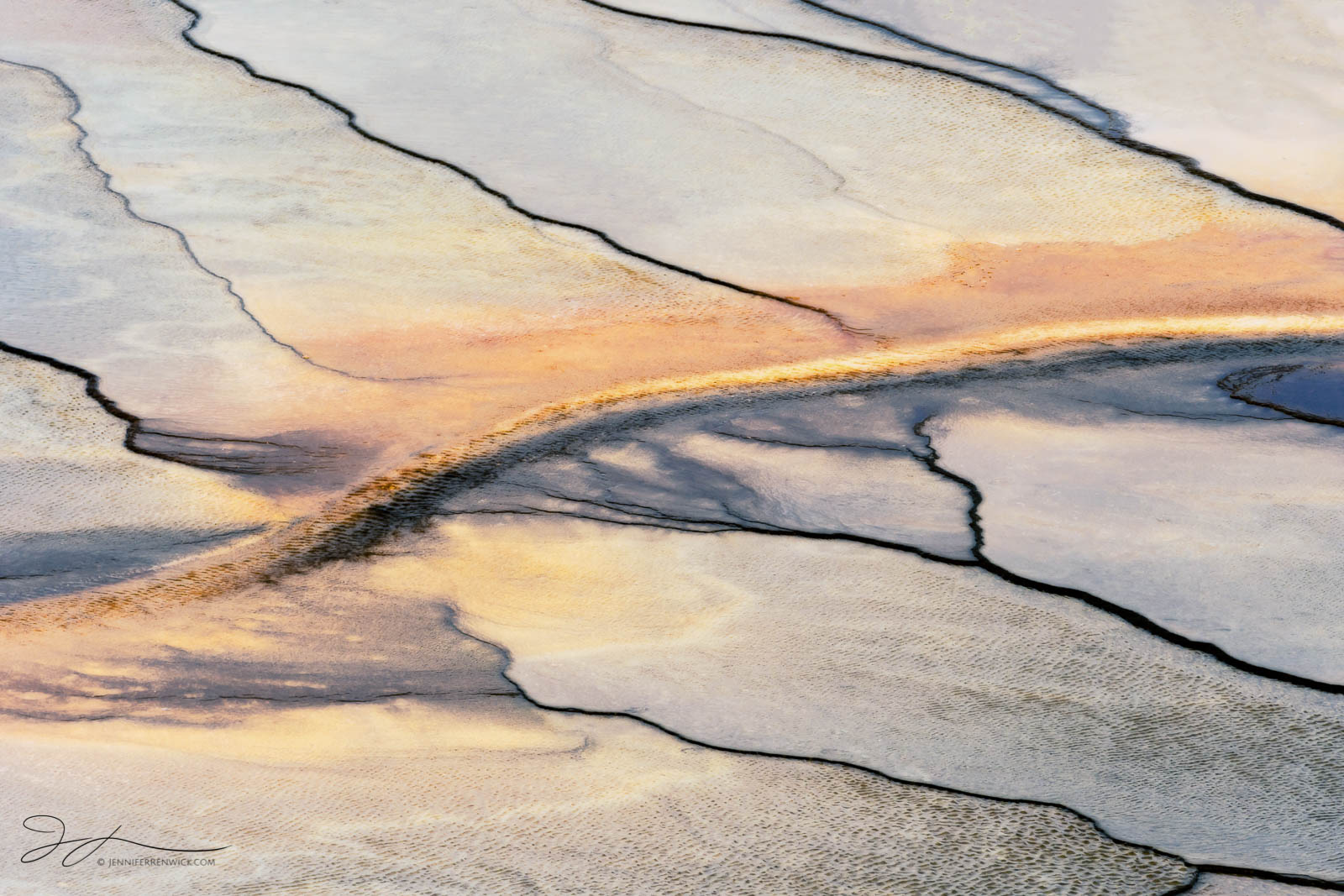 Orange bacteria create a "tentacle", crisscrossing across Grand Prismatic Spring in Midway Geyser Basin.