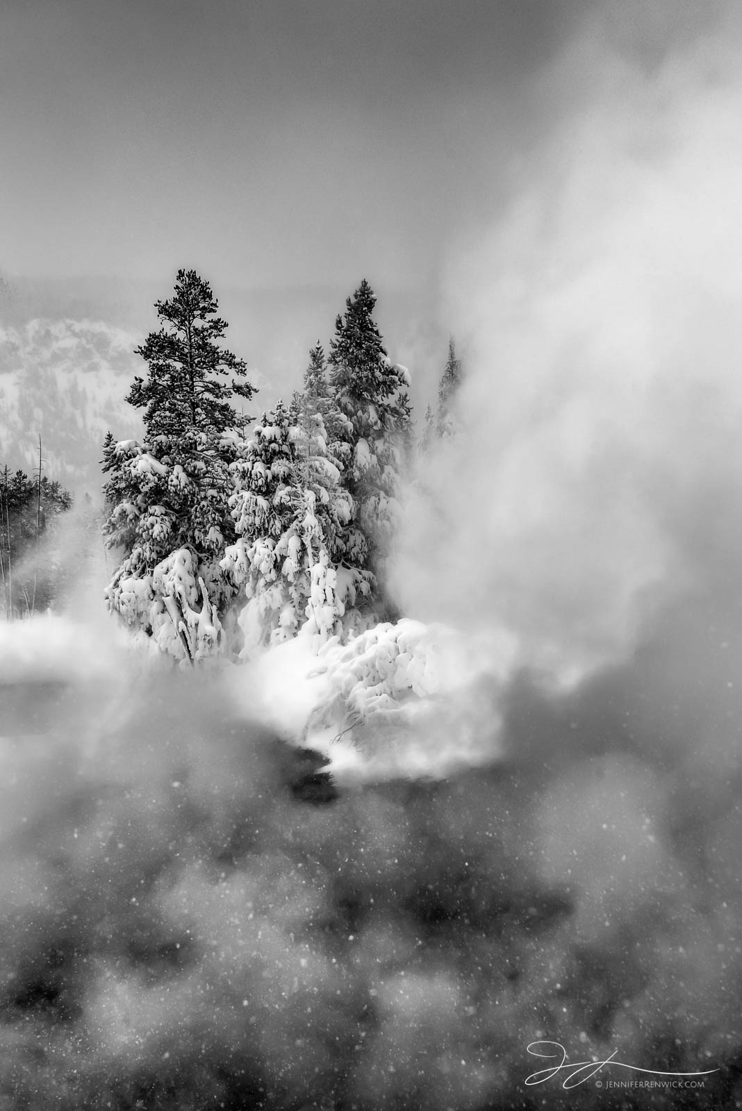 A snowstorm drops snowflakes over a thermal feature's steam in Yellowstone National Park.