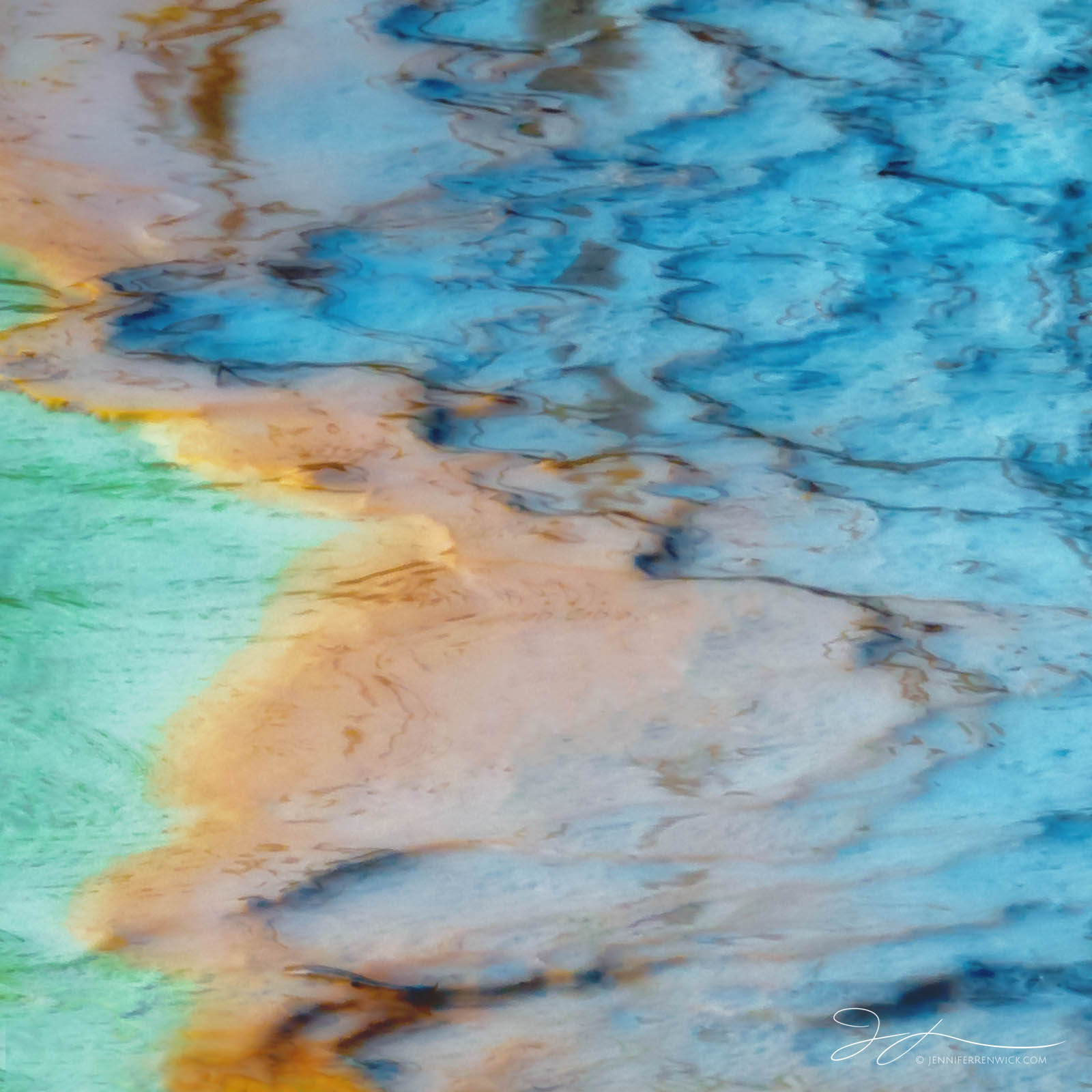 A mix of colors from thermophilic bacteria creates a colorful pattern in a hot spring.