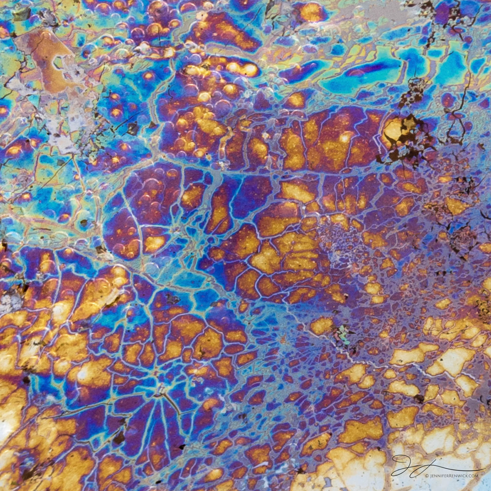 A highway of blues makes a web across a puddle of natural oil with bubbles.